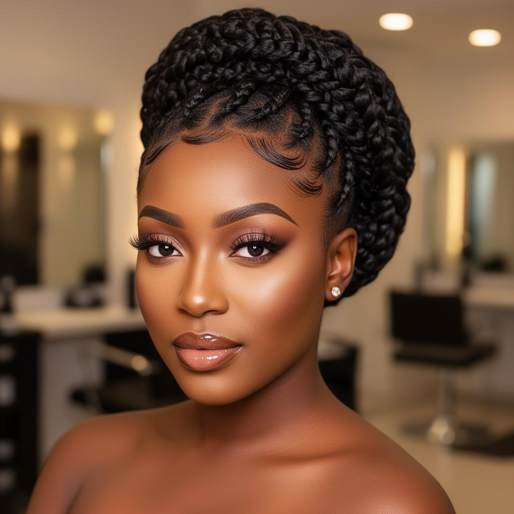 Nigerian salon stylist wearing a sculpted braided updo and bold editorial makeup — showcasing braids, color and beauty services HandzBeauty supports